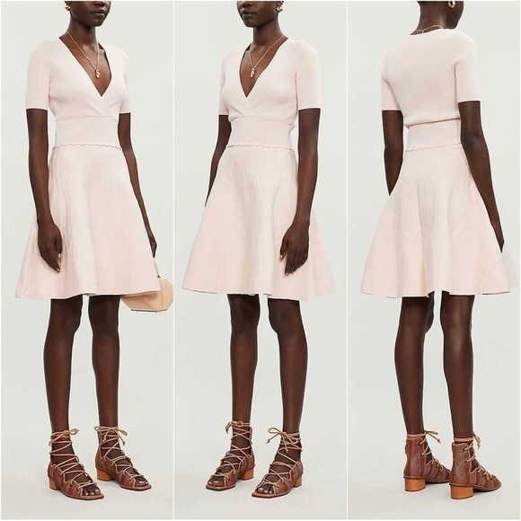 Sandro Dress Esmera Wrap Effect Stretch Knit V-neck Pastel Pink FR 36 / US 4 - Picture 1 of 15